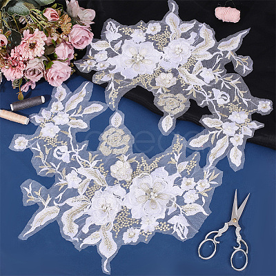 2Pcs Flower Polyester with Plastic Pearl Embroidery Sew on Cloth Patches PATC-HY0002-03B-1