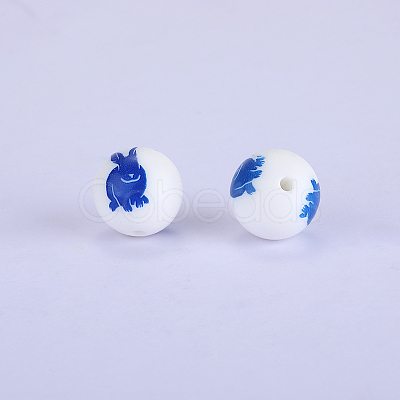 Printed Round with Animal Pattern Silicone Focal Beads SI-JX0056A-150-1