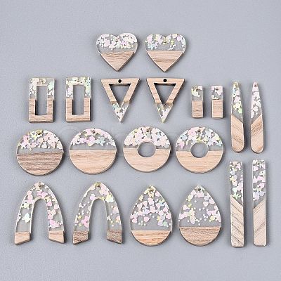 20Pcs 10 Styles Transparent Resin & Ash Wood Pendants RESI-N053-17-1