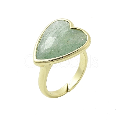 Heart Brass Natural Green Strawberry Quartz Finger Rings X-RJEW-D304-01G-C-1