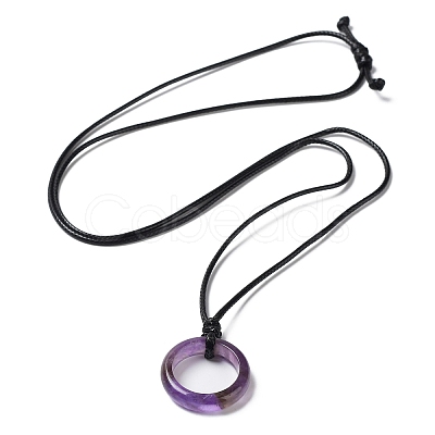 Natural Amethyst Ring Pendant Necklace with Waxed Cords NJEW-R262-01A-06-1