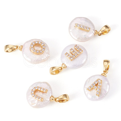 5Pcs 5 Styles Natural Cultured Freshwater Pearl Nuggets with Letter Pendants KK-TA0002-37-1