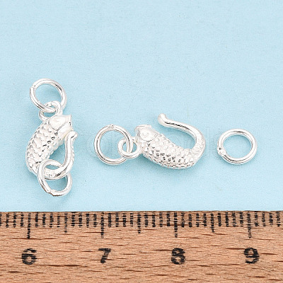 Textured Fish 925 Sterling Silver S-Hook Clasps with Jump Rings STER-T009-10S-1