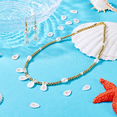 26Pcs 26 Styles Natural Shell Teardrop Charms with Golden Tone Metal Letter Slices SHEL-TAC0004-02-1
