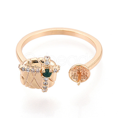 Gift Box Shape Brass Micro Pave Clear Cubic Zirconia & Glass Cuff Ring Settings KK-T076-44G-1