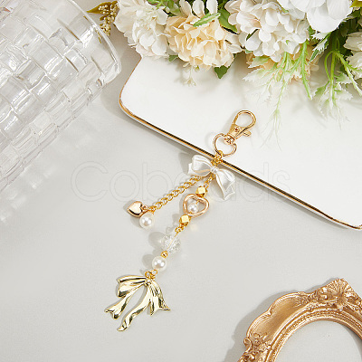 Bowknot & Heart Plastic Imitation Pearl Pendant Decorations HJEW-WH20020-006G-1