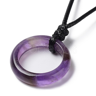 Natural Amethyst Ring Pendant Necklace with Waxed Cords NJEW-R262-01A-06-1