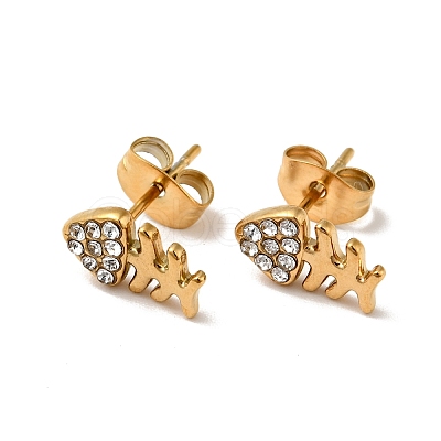 Rhinestone Fishbone Stud Earrings with 316 Surgical Stainless Steel Pins EJEW-A081-13G-1