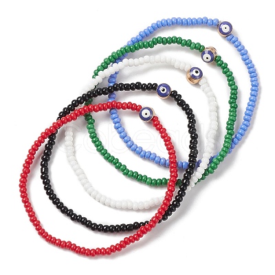 Glass Seed & Alloy Enamel Evil Eye Beaded Stretch Bracelet BJEW-JB09427-1