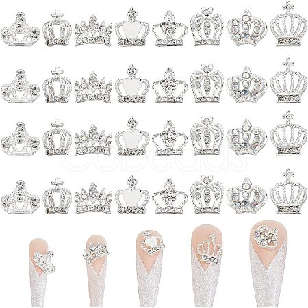 32Pcs 8 Style Crown Alloy Rhinestone Nail Art Cabochons MRMJ-FH0001-20-1