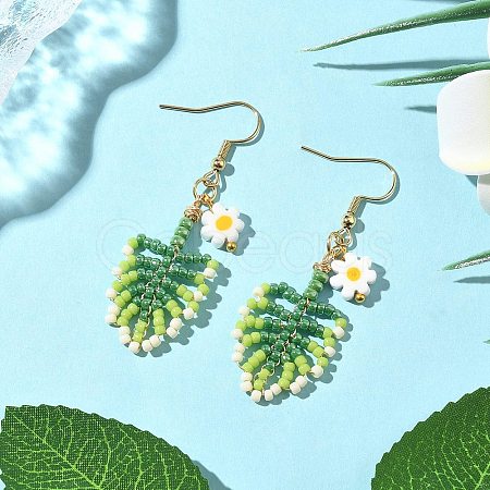 304 Stainless Steel Glass Seed Beads Leaf Dangle Earrings EJEW-MZ00558-1