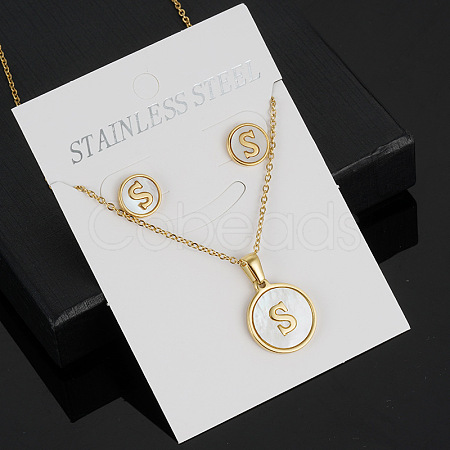 304 Stainless Steel with Natural Shell Pendant Necklaces & Stud Earrings Sets FS-WG5FD70-19-1