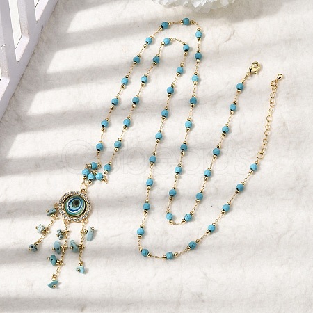 Boho Brass Resin Blue Evil Eye Pendant Necklaces with Dyed Natural Howlite Chip Tassel NJEW-L014-01G-1