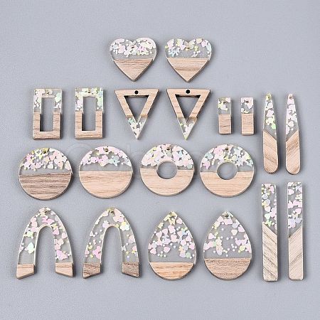20Pcs 10 Styles Transparent Resin & Ash Wood Pendants RESI-N053-17-1
