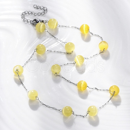 304 Stainless Steel Cat Eye Round Beads Handmade Chain Necklaces for Women NJEW-C073-01P-03-1