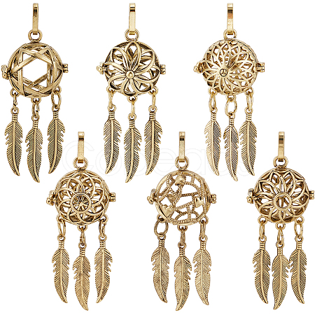 6Pcs 6 Styles Hollow Brass Bead Cage Big Pendants FIND-SC0014-10AB-1