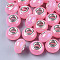 Opaque Resin European Beads, Large Hole Beads, Imitation Porcelain, with Platinum Tone Brass Double Cores, AB Color, Rondelle, Pearl Pink, 14x9mm, Hole: 5mm