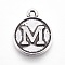 Tibetan Style Alloy Charms, Flat Round with Letter, Antique Silver, Letter.M, 15x12.5x2mm, Hole: 1.5mm