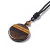 Natural Gemstone Flat Round with Flower of Life Pendant Necklace with Nylon Cord for Women NJEW-P274-02-5