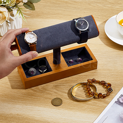 T-Shaped Bar Wood with Velvet Watch Organizer Display Stands with Rectangle Trays for Rings Necklaces Earrings ODIS-PH0009-16B-1