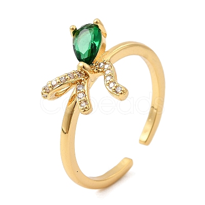 Brass with Green Glass Cuff Rings RJEW-P173-01G-03-1