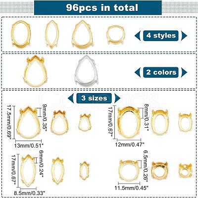 96Pcs 24 Styles Brass Open Back Bezel Sew on Prong Settings KK-CA0003-16-1