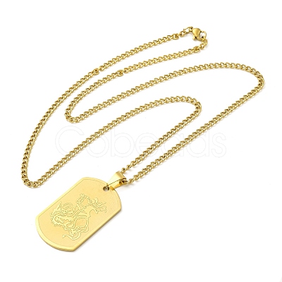 201 Stainless Steel Curb Chain Rectangle with Dragon Pendant Necklaces for Women NJEW-M008-03G-1