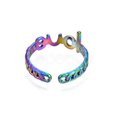 Ion Plating(IP) Rainbow Color 304 Stainless Steel Word Love Open Cuff Ring for Women RJEW-S405-262M-1