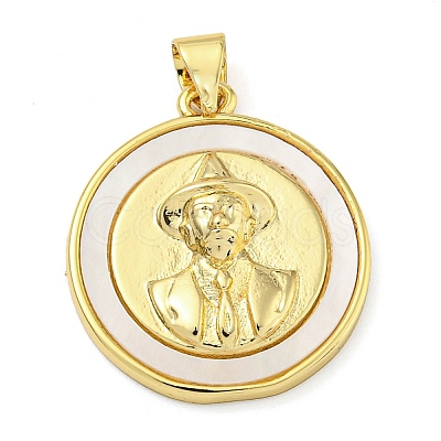 Rack Plating Brass Pave Shell Flat Round Pendants KK-Z063-11G-03-1