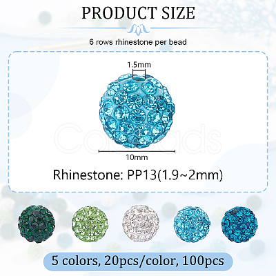 100Pcs 5 Colors Polymer Clay Pave Rhinestone Beads RB-OC0001-10B-1