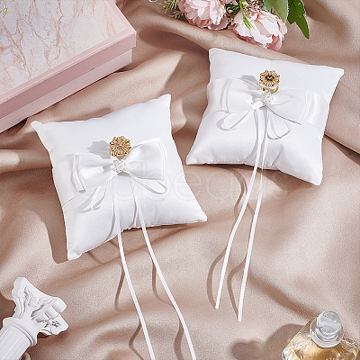 Square Polyester with Plastic Pearl Flower Wedding Finger Ring Display Pillow RDIS-WH0016-24B-1