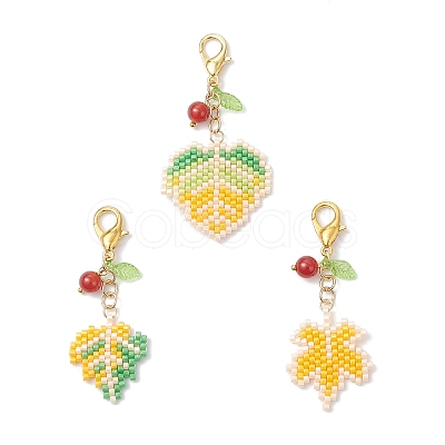 3Pcs 3 Styles Maple Leaf Acrylic & Glass Seed & Natural Carnelian Beads Pendant Decorations HJEW-MZ00347-1