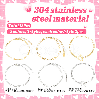 12Pcs 6 Styles 304 Stainless Steel Chains Bracelets for Men Women BJEW-SC0001-64-1