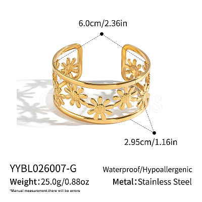 304 Stainless Steel Vintage Daisy Flower Hollow Open Cuff Bangles for Women HL3157-1-1