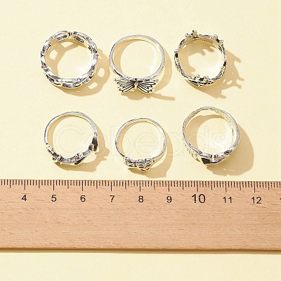 6Pcs 6 Style Butterfly & Heart & Chain Shape Alloy Stackable Rings Set RJEW-FS0001-05C-1