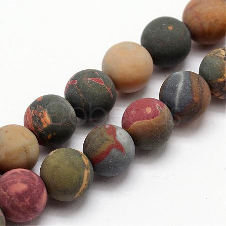 Natural Polychrome Jasper/Picasso Stone/Picasso Jasper Frosted Bead Strands G-O155-03B-6mm-1