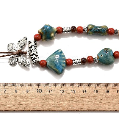 Ethnic Style Alloy & Porcelain Ceramic Beads Butterfly Pendant Tassel Y Necklaces NJEW-D308-01B-1