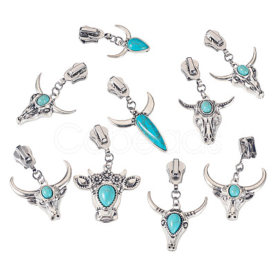 14Pcs 7 Styles Cattle Head Alloy & Synthetic Turquoise Zipper Sliders HJEW-TAC0102-1