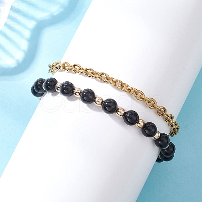 2Pcs 2 Styles Round Natural Obsidian & Synthetic Hematite Beaded Bracelets & 304 Stainless Steel Cable Chains Bracelets for Women BJEW-JB12800-02-1