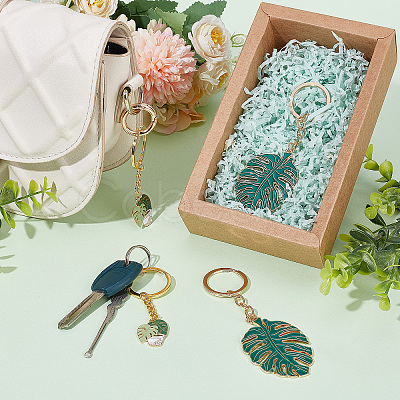 4Pcs 2 Style Monstera Leaf Alloy Enamel Pendant Keychain KEYC-CP0001-18-1