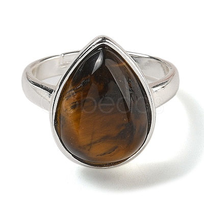 Natural Tiger Eye Teardrop Adjustable Rings RJEW-K371-08S-21-1