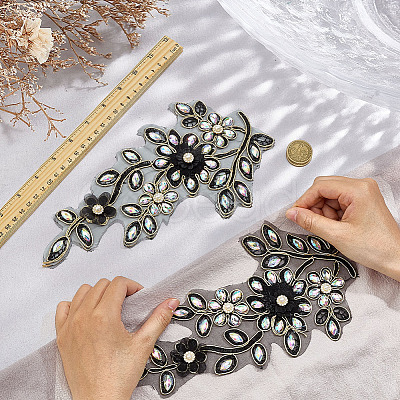 2Pcs 2 Styles Flower Polyester & Glass & Plastic Pearl Embroidery Sew on Ornament Accessories PATC-MA0001-46-1