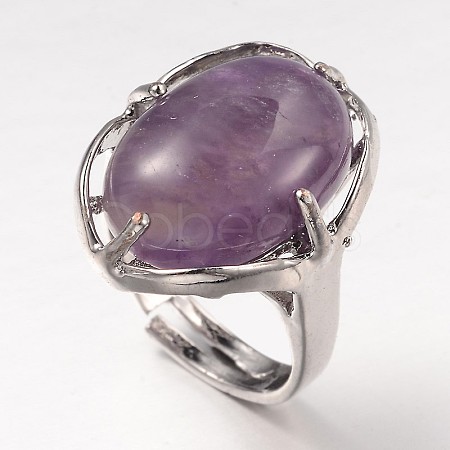Adjustable Oval Gemstone Wide Band Rings RJEW-L062-01G-1