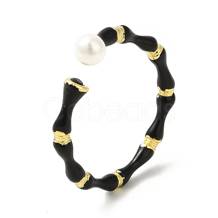 Black Enamel Bamboo Joint Open Cuff Ring with ABS Plastic Pearl Beaded RJEW-H120-08G-1