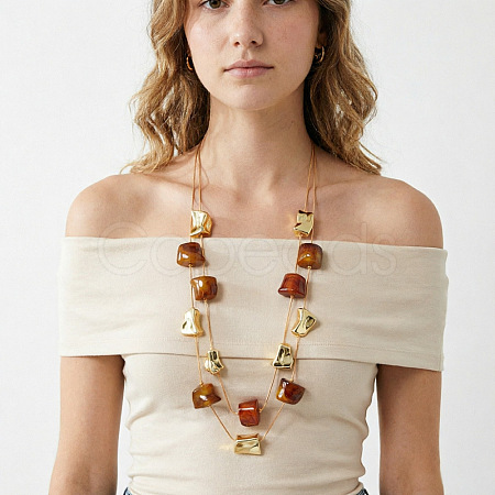 Resin & CCB Plastic Nuggets Double Layer Necklaces with Alloy Chains for Women WG8113C-02-1