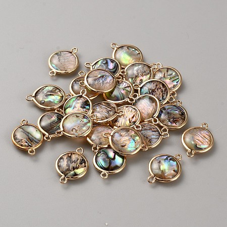 Flat Round Natural Paua Shell Resin Connector Charms BSHE-WH0004-16KCG-1