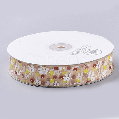 Flower Pattern Printed Polyester Organza Ribbons ORIB-Q034-03-1