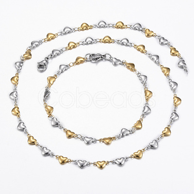 Two Tone 304 Stainless Steel Heart Link Chain Jewelry Sets X-SJEW-H103-12GP-1