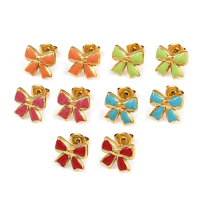 304 Stainless Steel Enamel Bowknot Stud Earrings EJEW-K268-17G-1