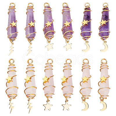 12Pcs 6 Styles Natural Amethyst & Rose Quartz Pointed Copper Wire Wrapped Faceted Bullet Big Pendants PALLOY-FH00151-1